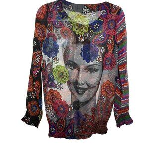 Desigual vintage y2k semi-sheer top floral print long sleeves colorful sz medium